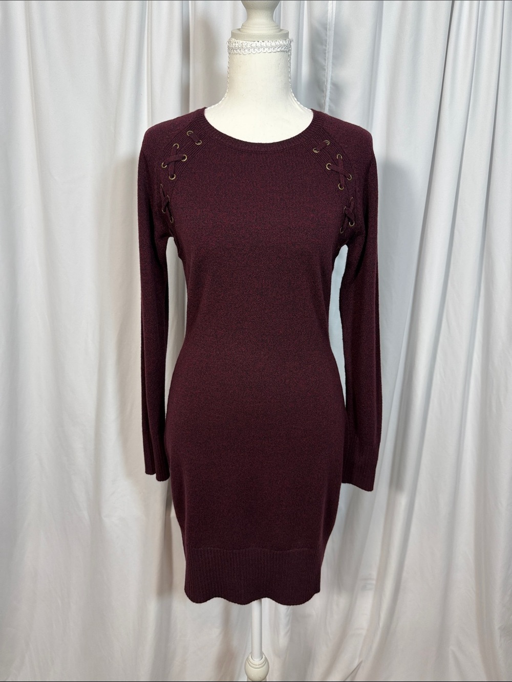 I.N. San Francisco Lace-Up Long Sleeve Knit Dress - Burgundy